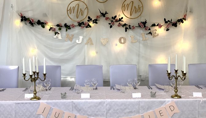 Bröllopsdukning helt i vitt. PÅ bilden syns brudparets plats med dekorationer på väggen och kandelabrar på bordet. På bordet hänger ett flaggspel med texten 